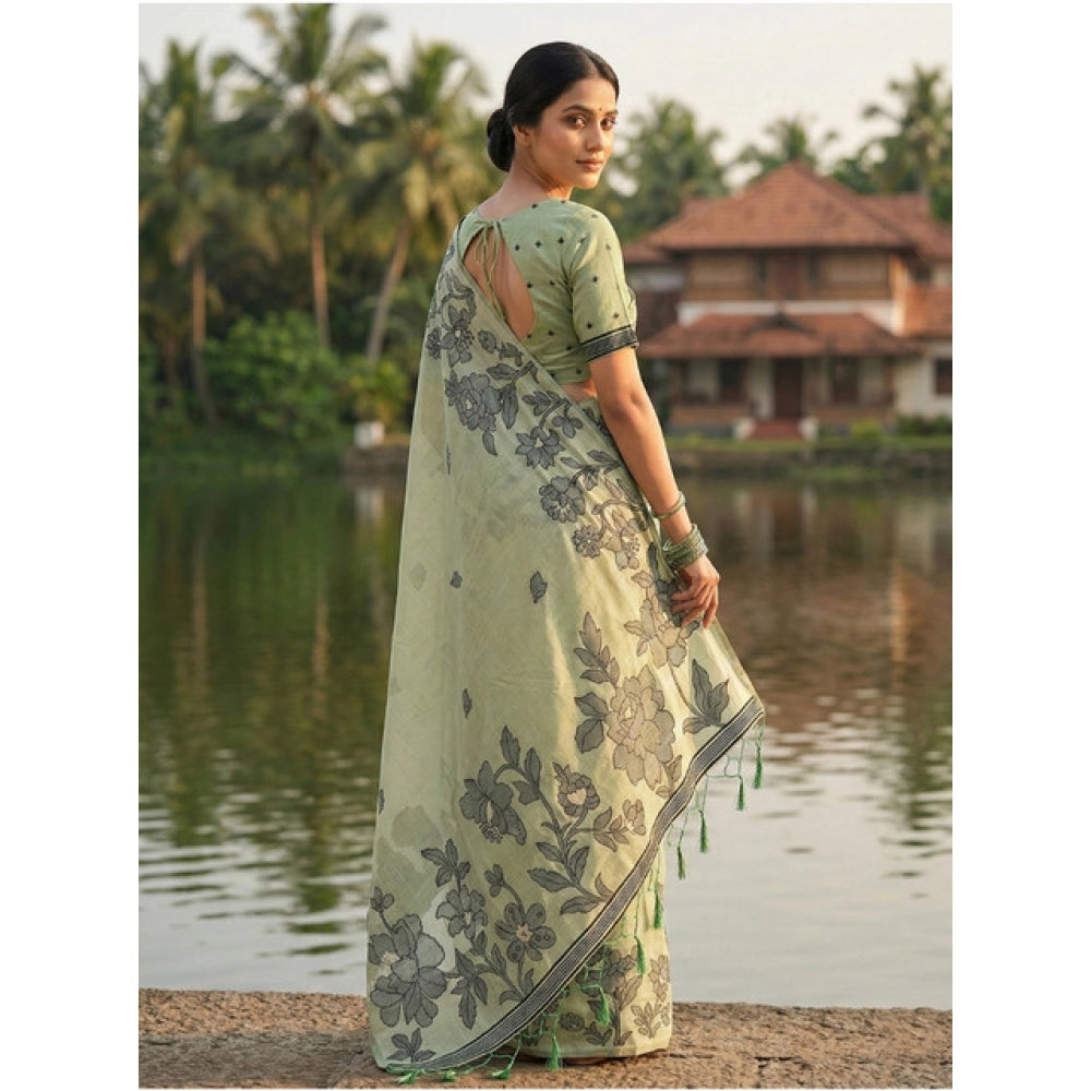Women's Linen Cotton Printed Saree — Light Green · 1086