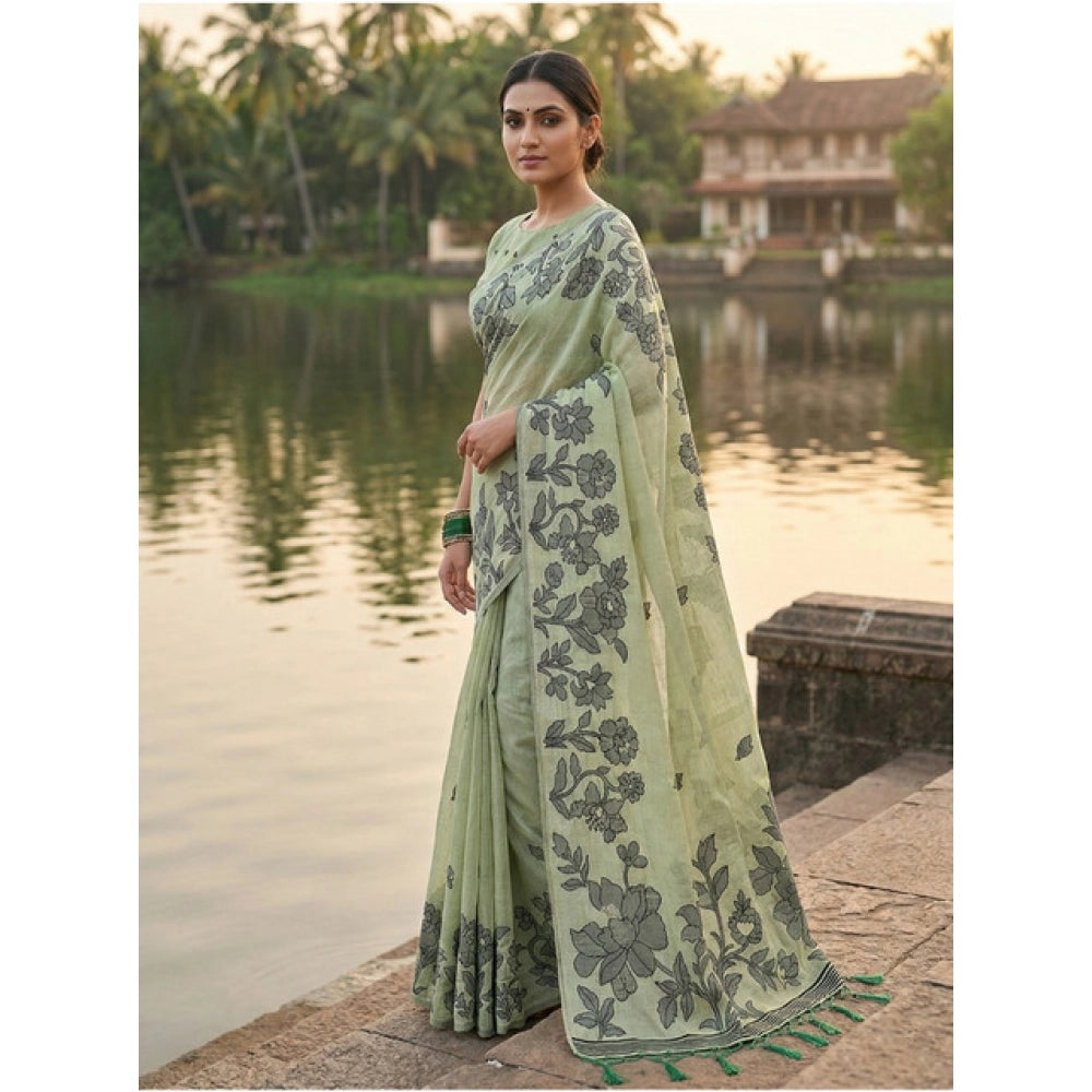 Women's Linen Cotton Printed Saree — Light Green · 1086