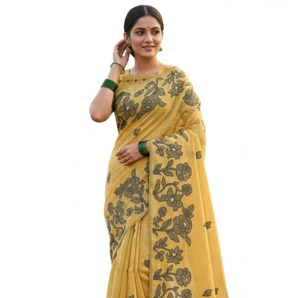 Women's Linen Cotton Printed Saree — Yellow · 1087