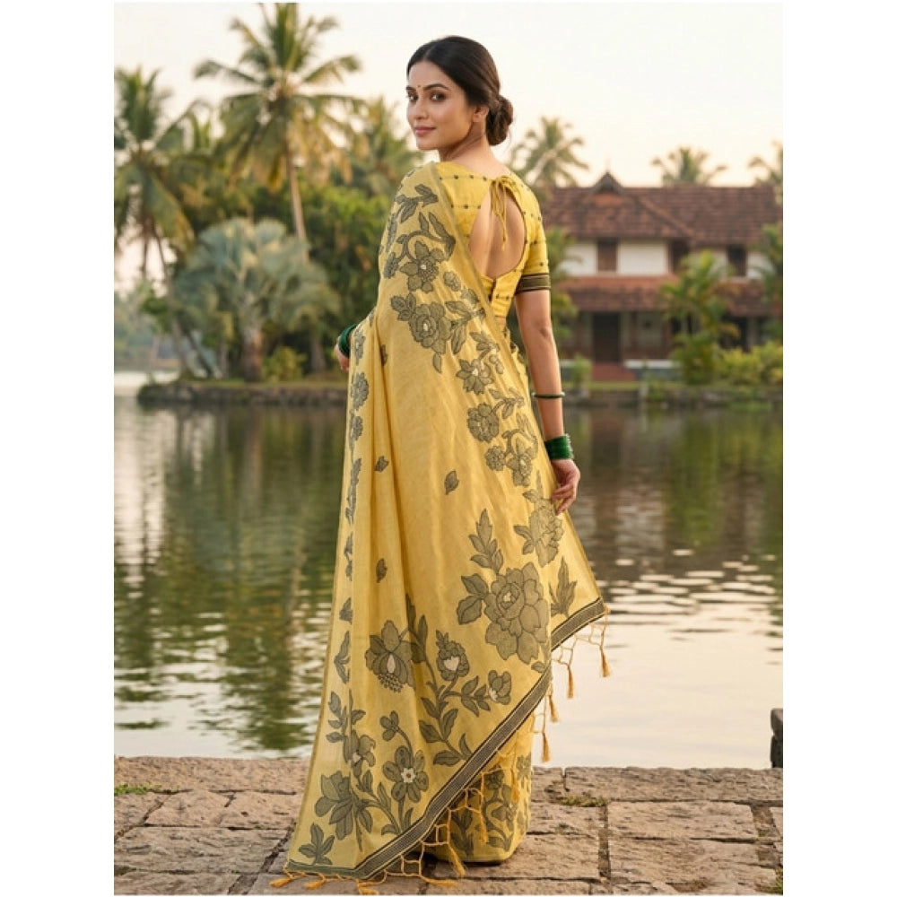 Women's Linen Cotton Printed Saree — Yellow · 1087
