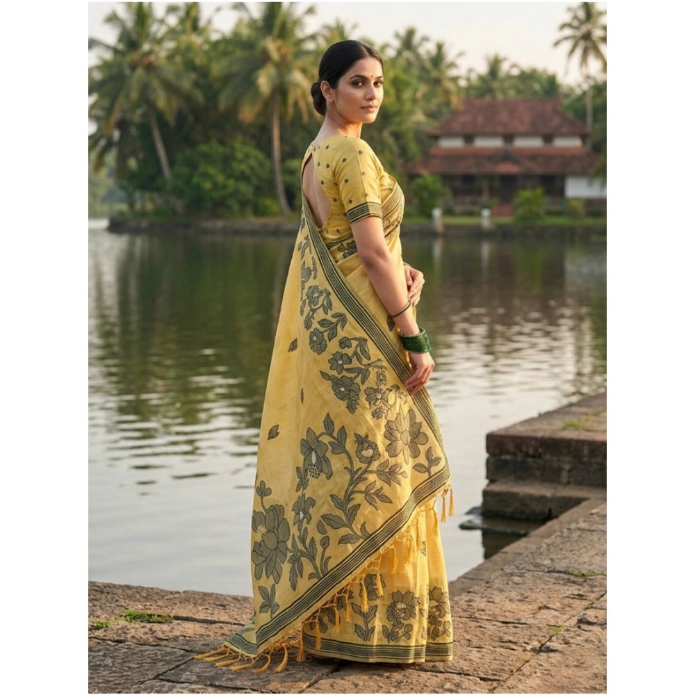 Women's Linen Cotton Printed Saree — Yellow · 1087