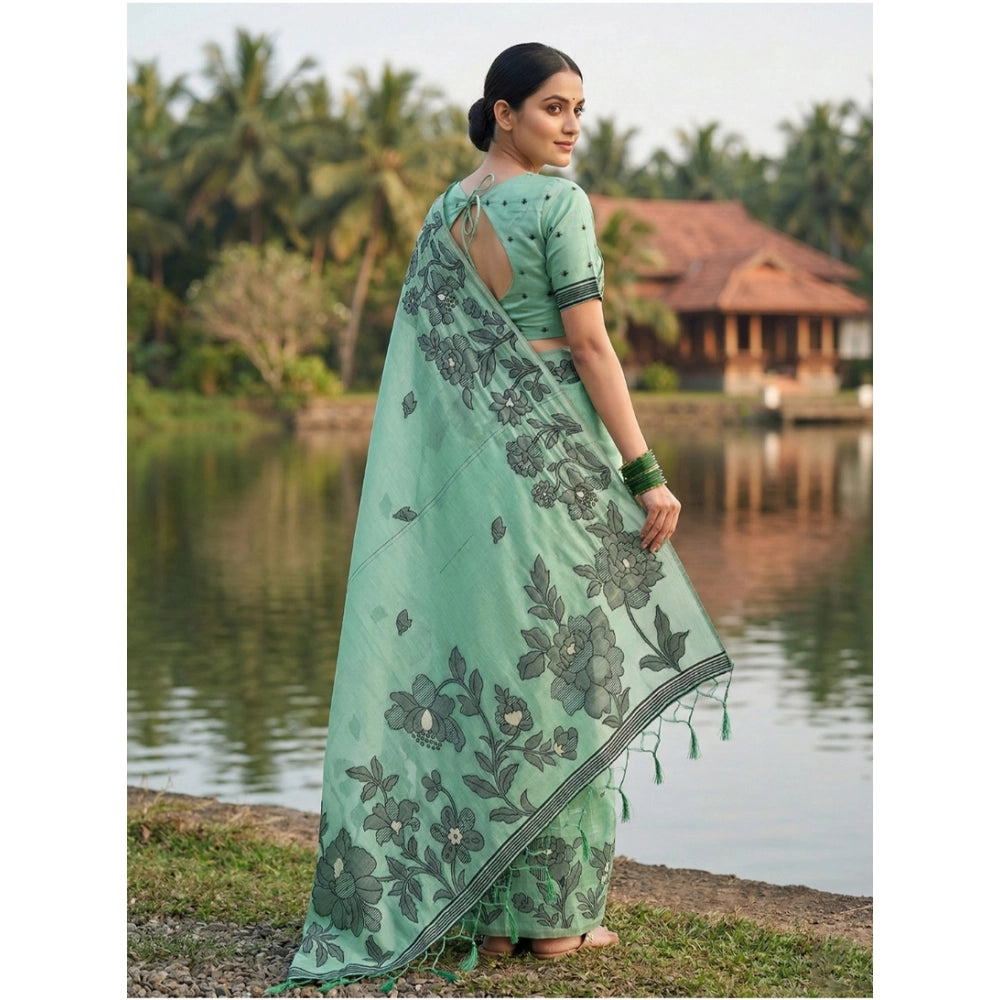 Women's Linen Cotton Printed Saree — Rama Green