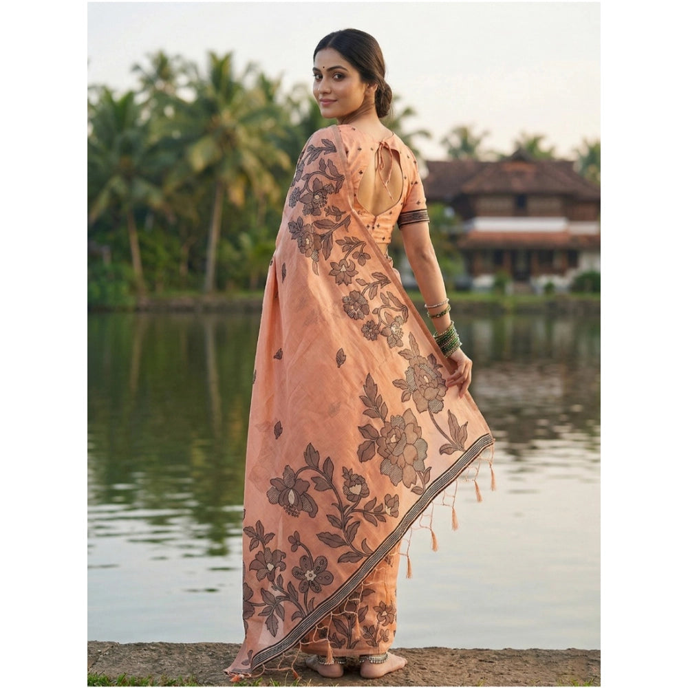 Women's Linen Cotton Printed Saree — Orange · 1089