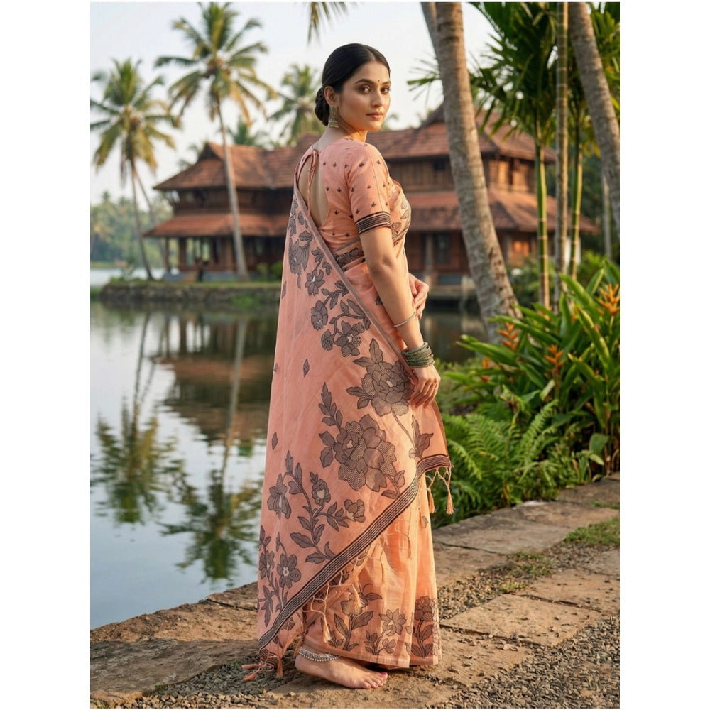 Women's Linen Cotton Printed Saree — Orange · 1089