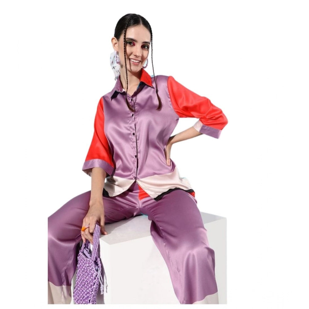 Women's Satin Colour Block Long Sleeves Co-Ord Set · 01_L