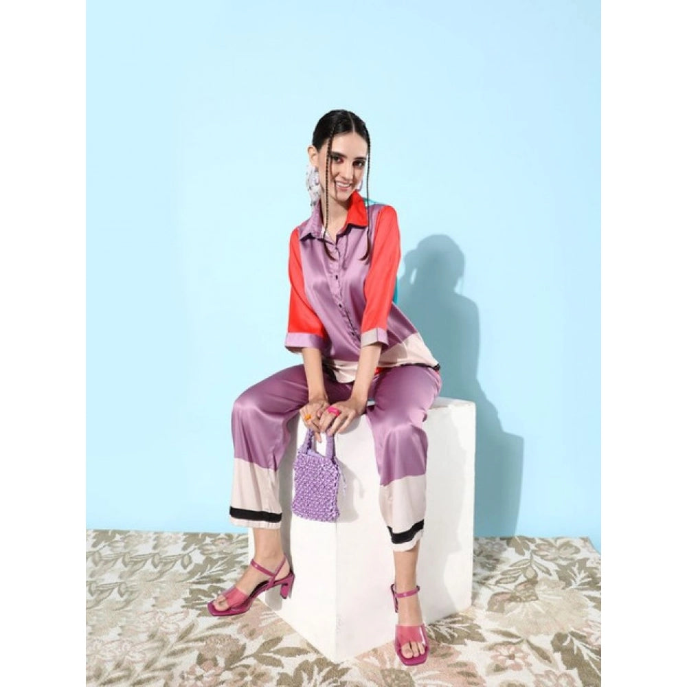 Women's Satin Colour Block Long Sleeves Co-Ord Set · 01_L