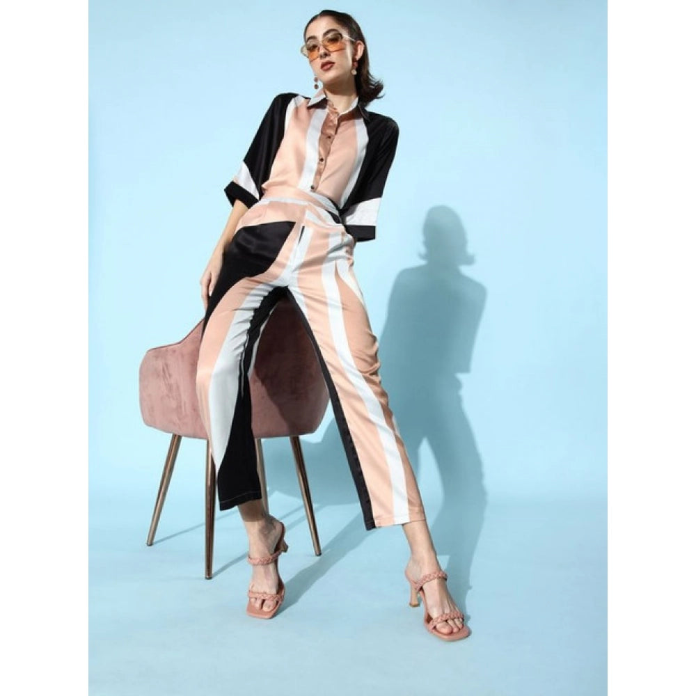 Women's Satin Colour Block Long Sleeves Co-Ord Set — Beige - Black