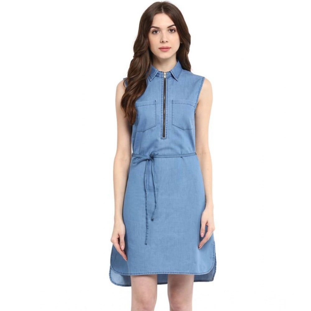 Women's Denim Solid Sleeveless Dress — Blue · 14_L
