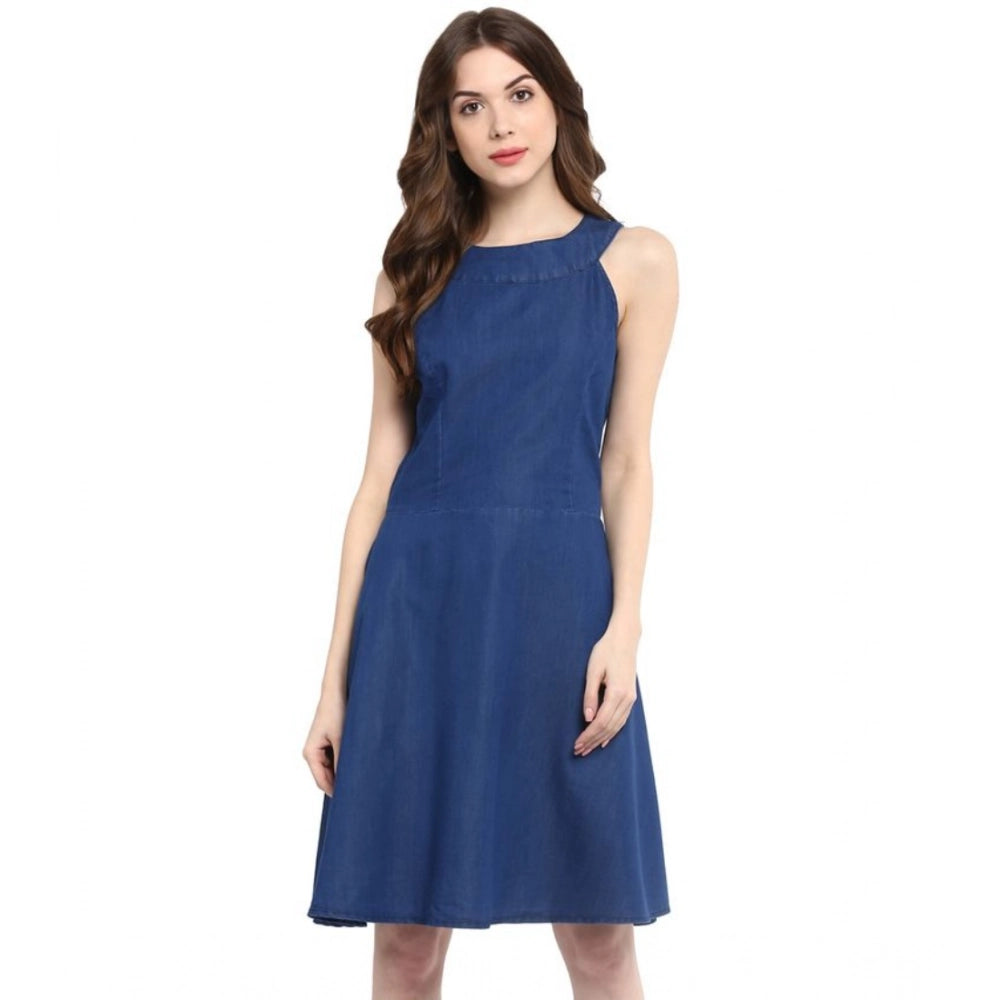 Women's Denim Solid Sleeveless Dress — Blue · 15_L