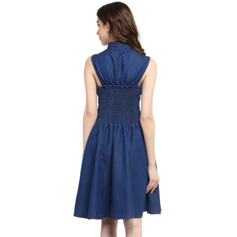Women's Denim Solid Sleeveless Dress — Navy Blue