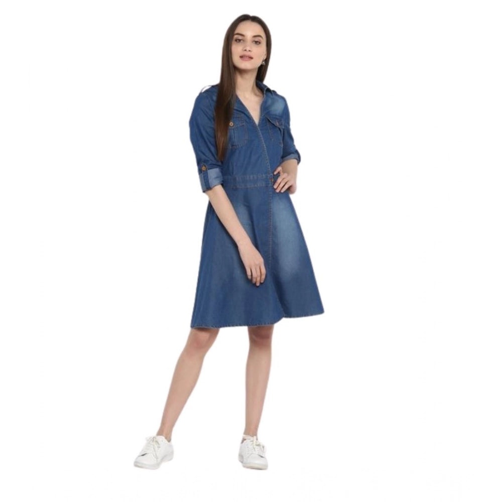 Women's Denim Solid Roll Up Sleeve Dress — Blue · 17_L