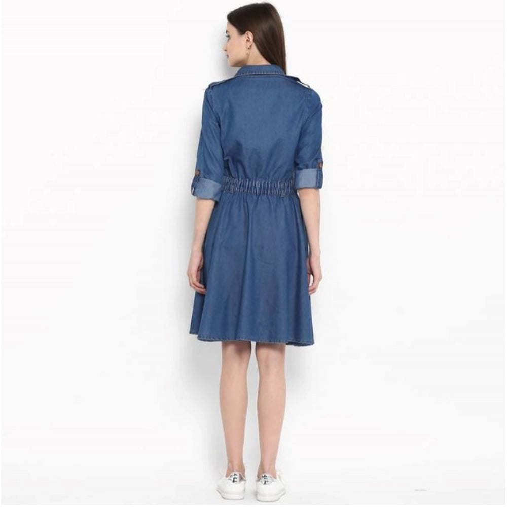 Women's Denim Solid Roll Up Sleeve Dress — Blue · 17_L