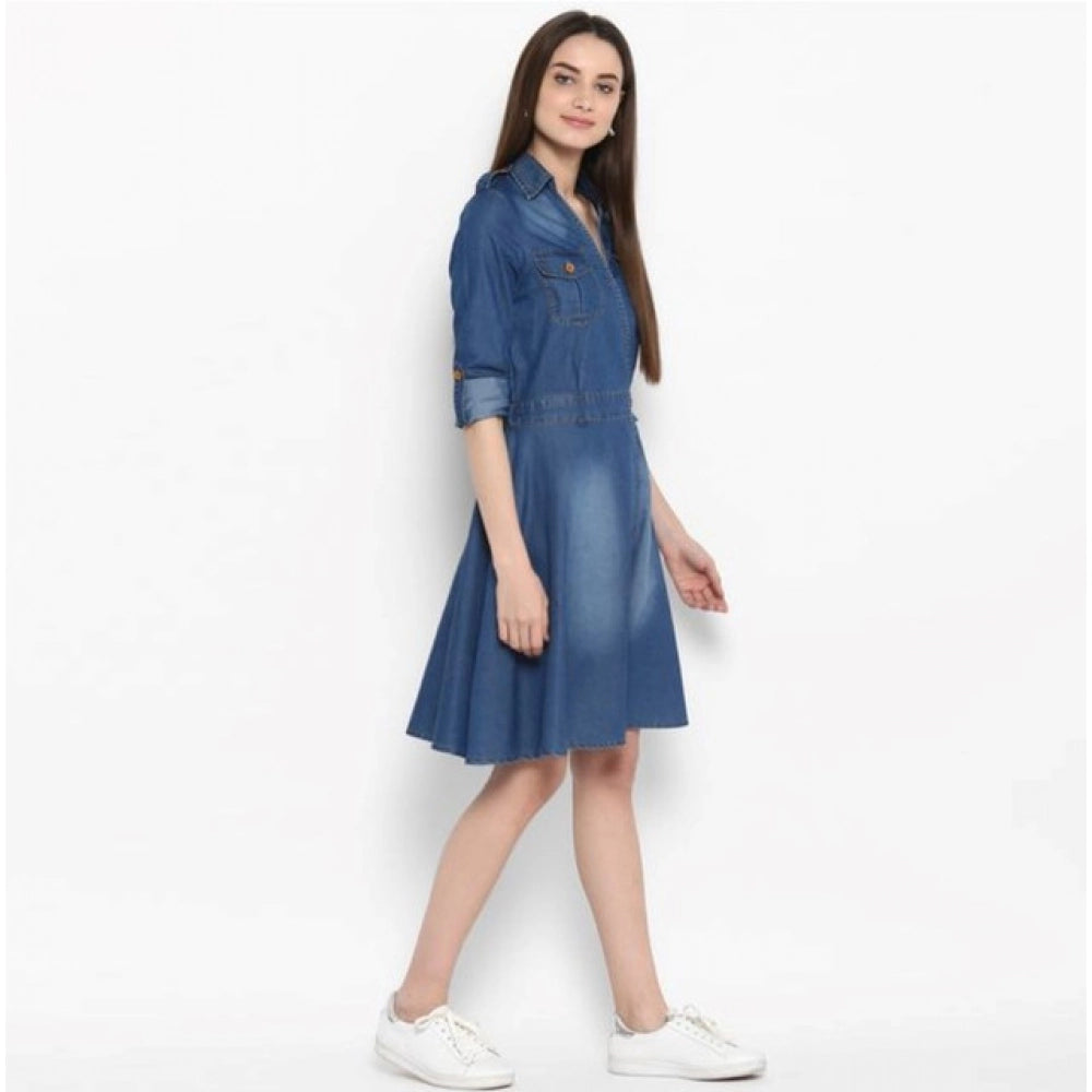 Women's Denim Solid Roll Up Sleeve Dress — Blue · 17_L
