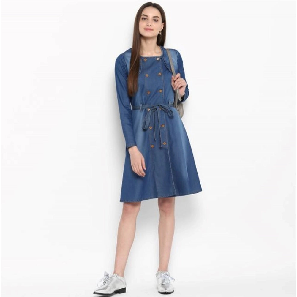 Women's Denim Washed Regular Sleeves Dress — Blue