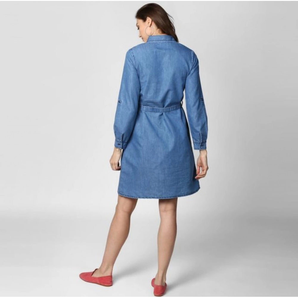 Women's Denim Solid Roll Up Sleeve Dress — Blue · 19_L