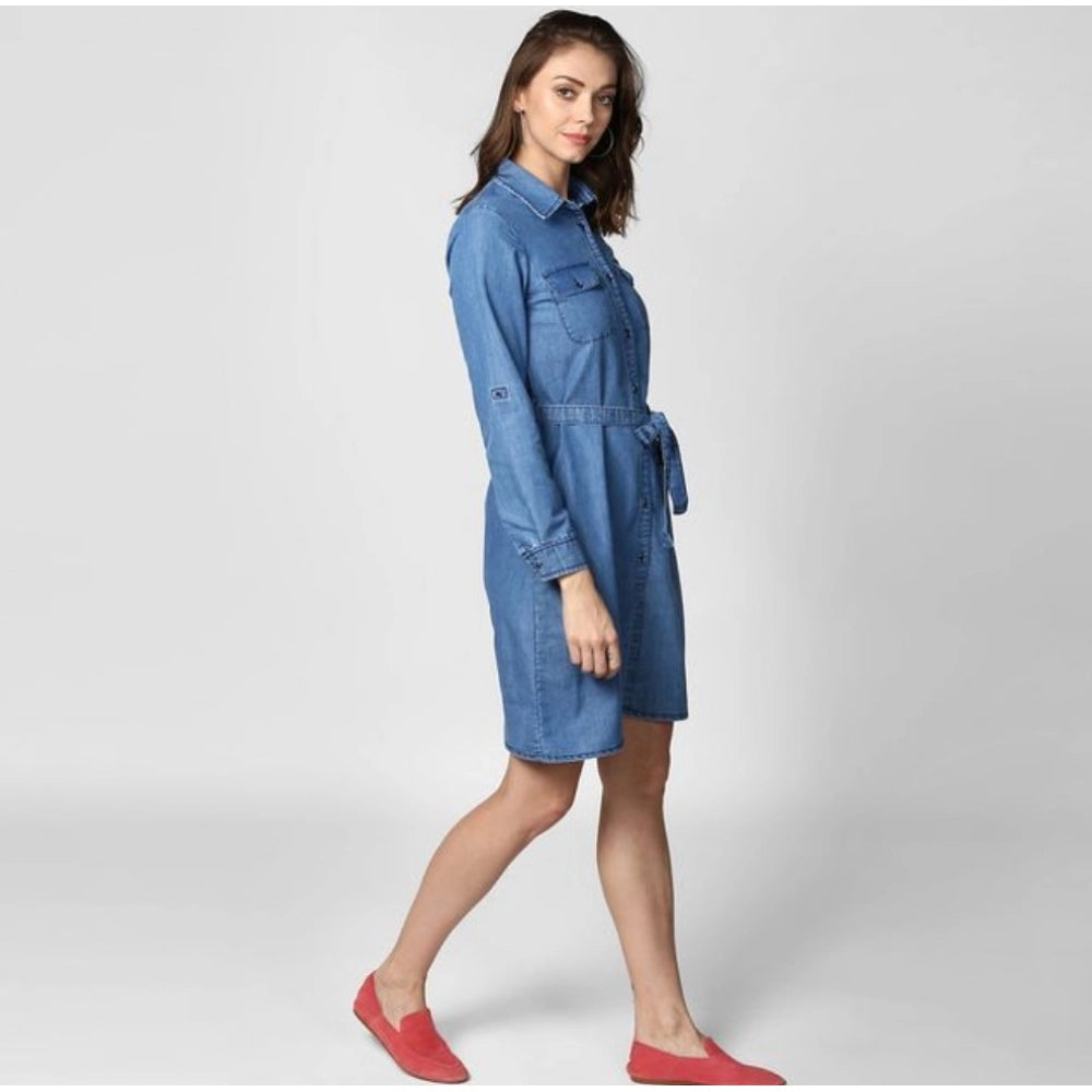 Women's Denim Solid Roll Up Sleeve Dress — Blue · 19_L