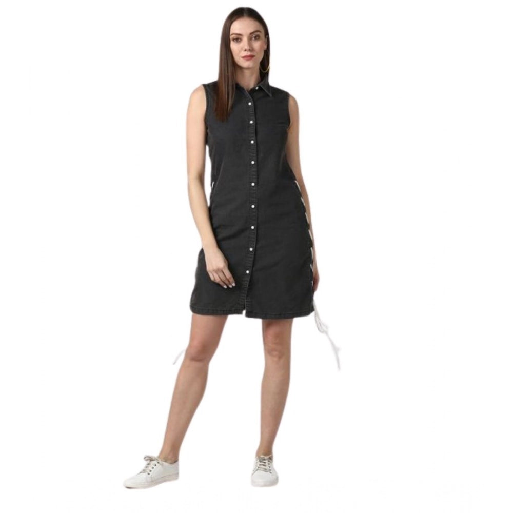 Women's Denim Solid Sleeveless Dress — Black · 22_L