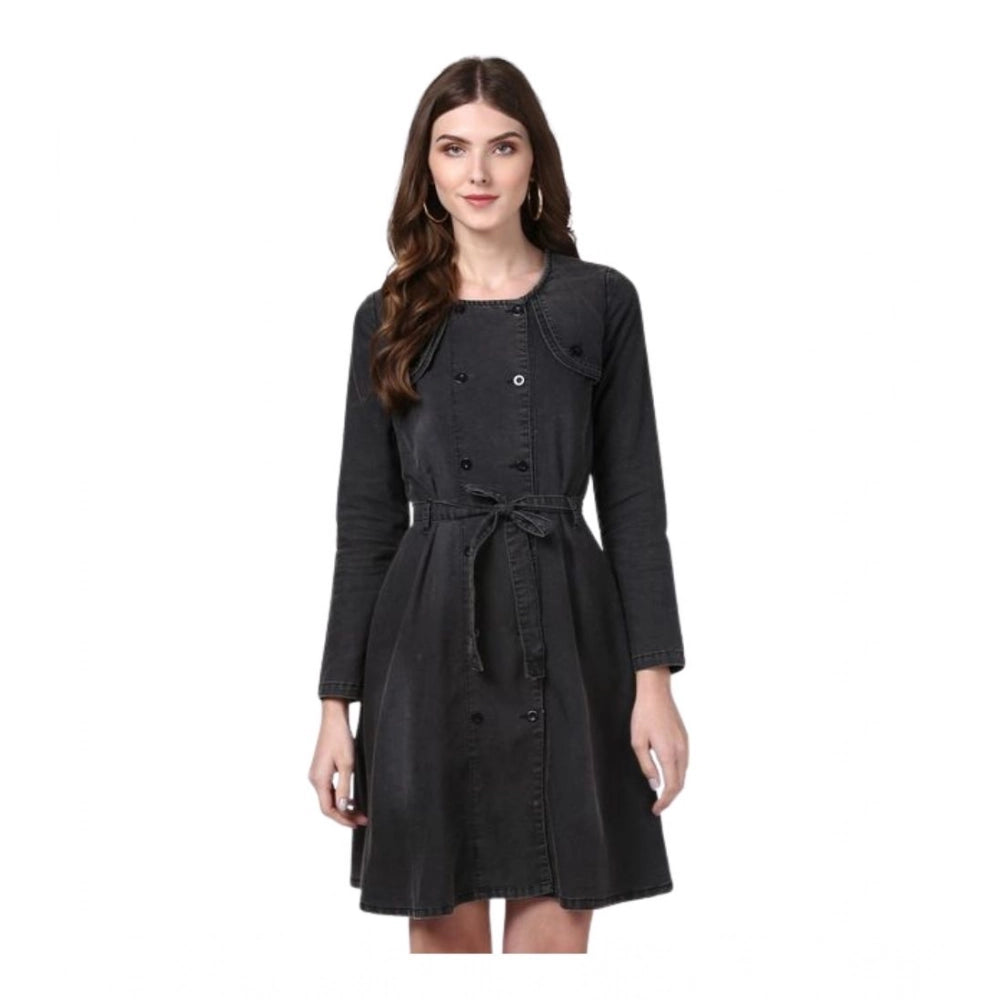 Women's Denim Washed Long Sleeves Dress — Black