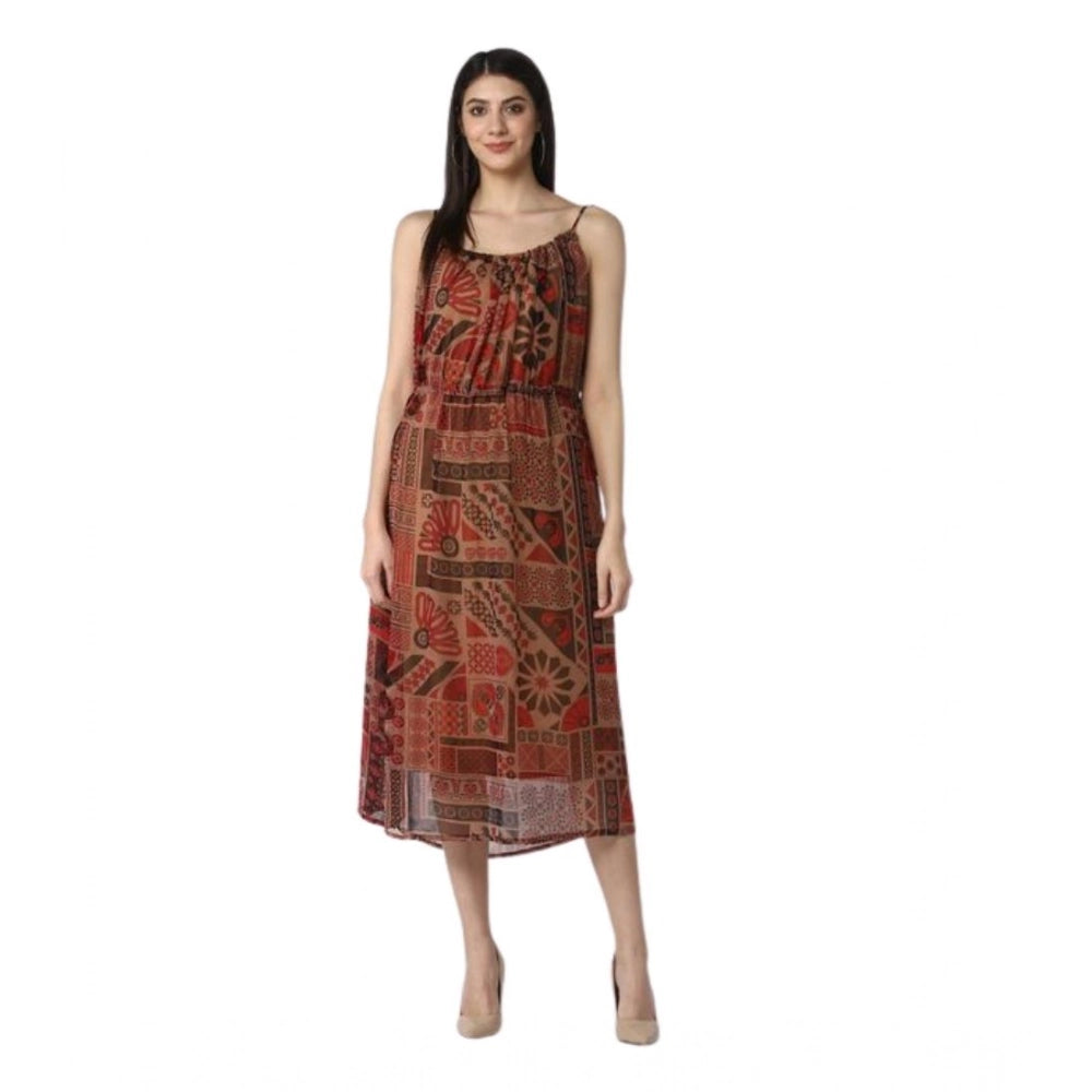 Women's Printed Shoulder Straps Dress — Maroon - Brown