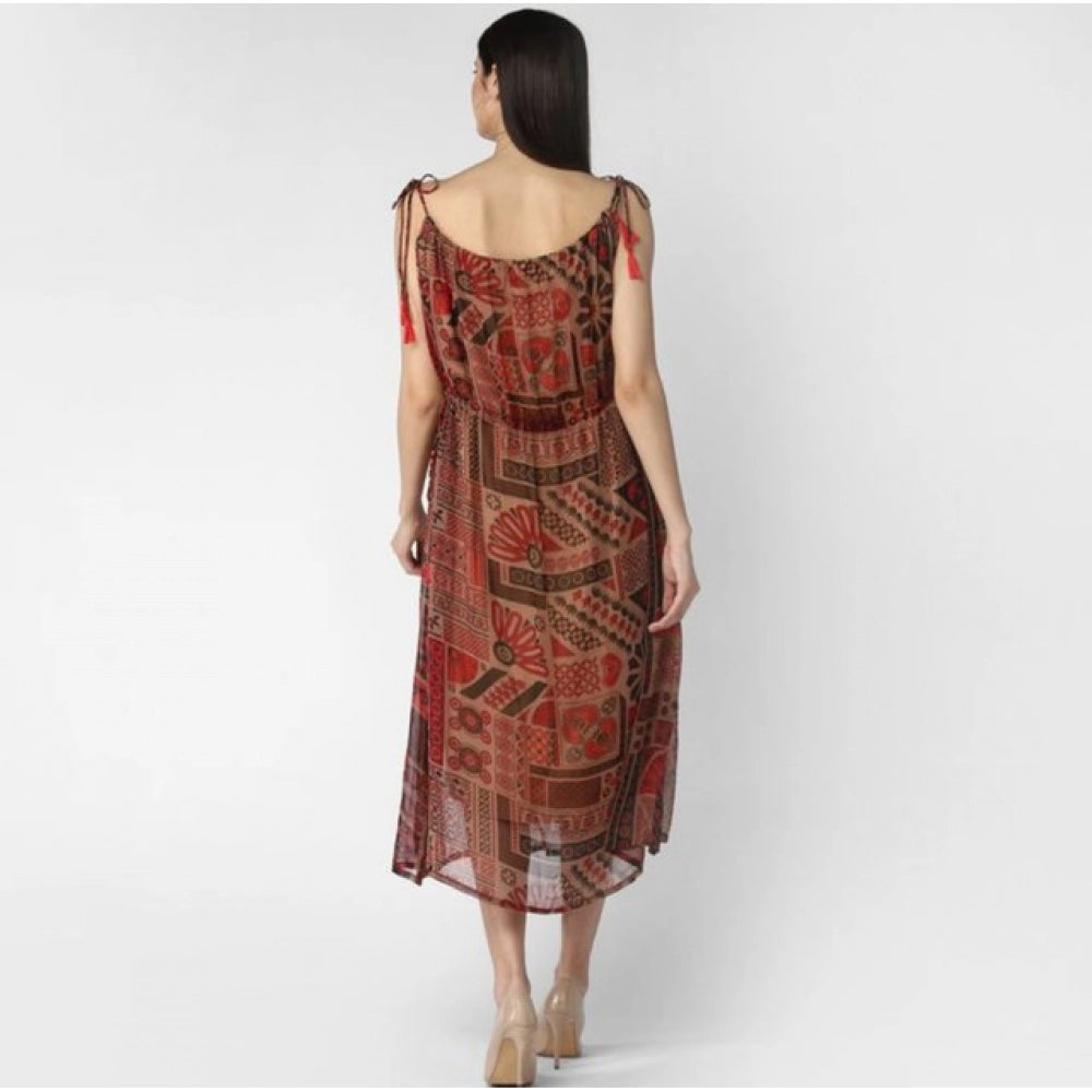 Women's Printed Shoulder Straps Dress — Maroon - Brown