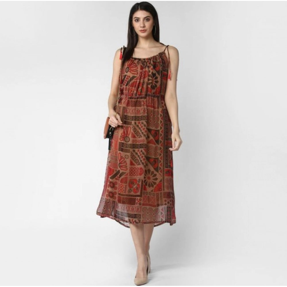 Women's Printed Shoulder Straps Dress — Maroon - Brown