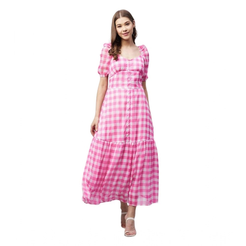 Women's Georgette Checkered Half Sleeve Dress — Pink
