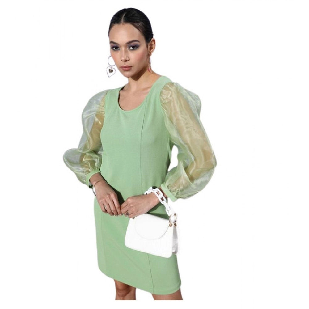 Women's Organza And Lycra Solid Long Sleeves Dress — Green