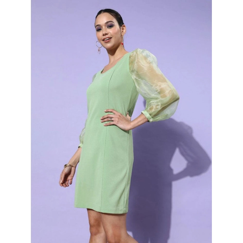 Women's Organza And Lycra Solid Long Sleeves Dress — Green