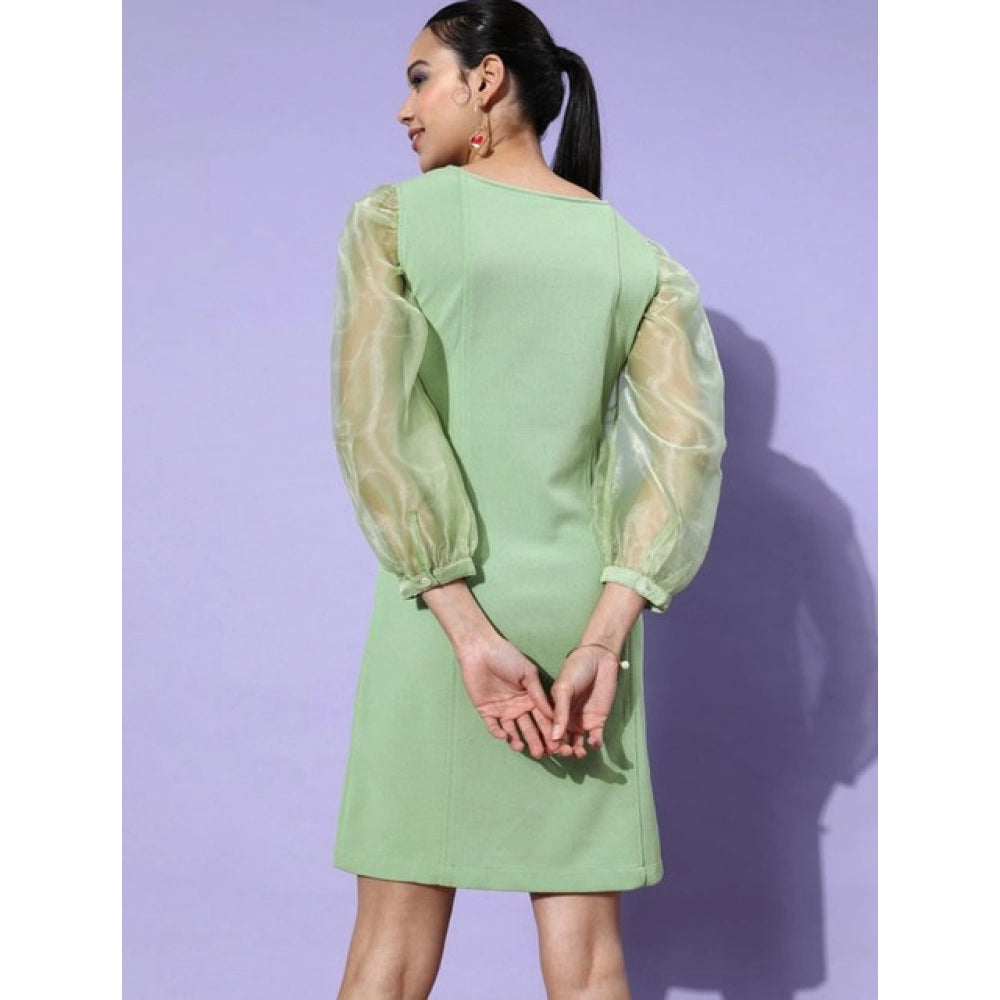 Women's Organza And Lycra Solid Long Sleeves Dress — Green