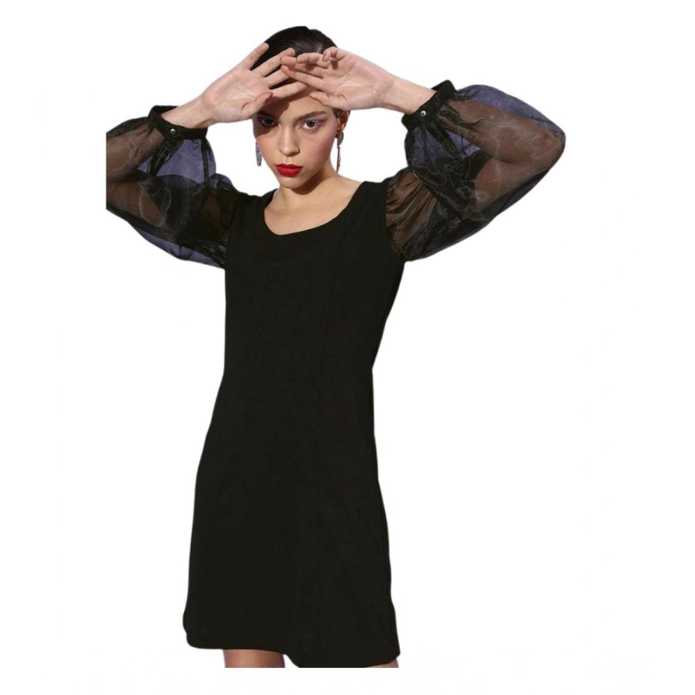 Women's Organza And Lycra Solid Long Sleeves Dress — Black