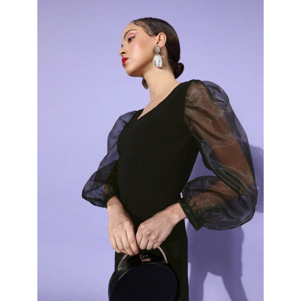 Women's Organza And Lycra Solid Long Sleeves Dress — Black