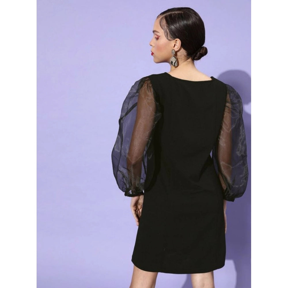 Women's Organza And Lycra Solid Long Sleeves Dress — Black
