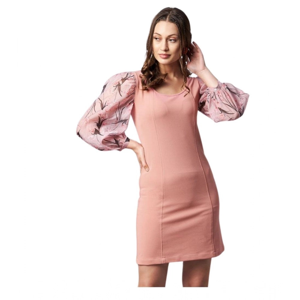 Women's Lycra And Organza Floral Balloon Sleeve Dress — Pink
