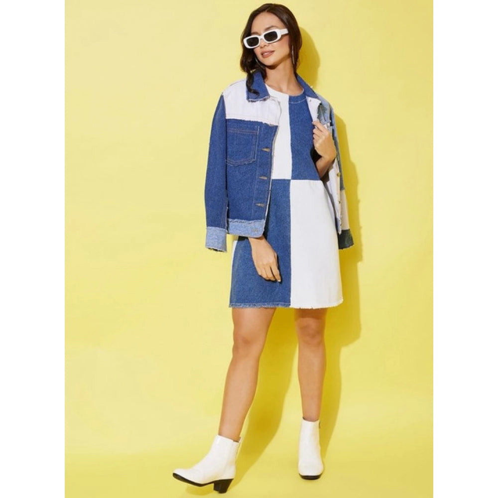 Women's Denim Color Blocking Sleeveless Dress — Blue