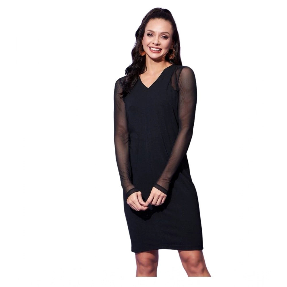 Women's And Net Solid Long Sleeves Dress — Black