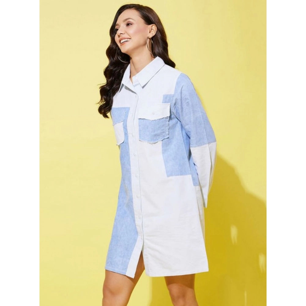 Women's Denim Solid Long Sleeves Dress — Blue