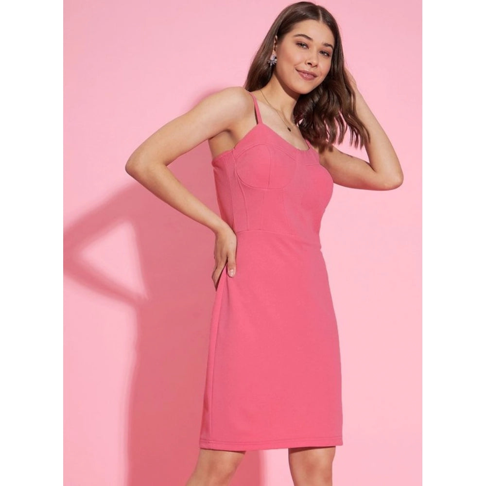 Women's Lycra Solid Shoulder Straps Dress — Pink
