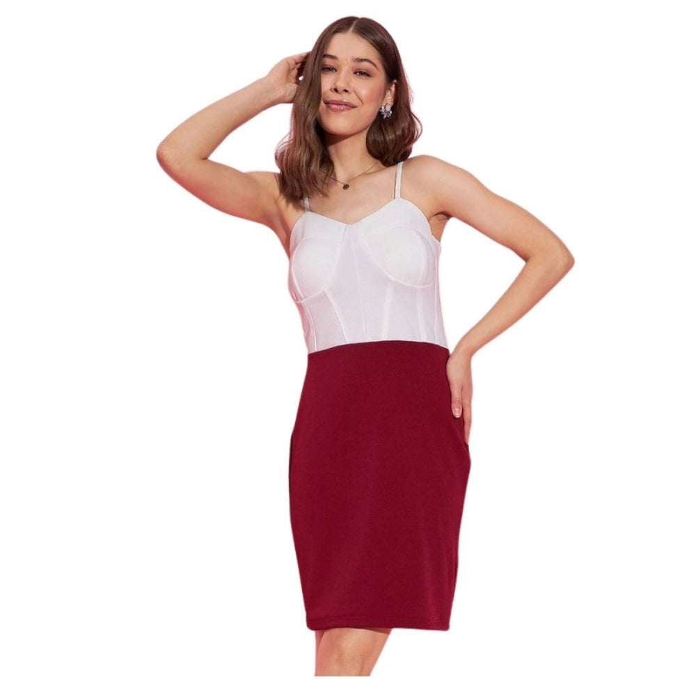 Women's Lycra Color Blocking Shoulder Straps Dress — White - Maroon