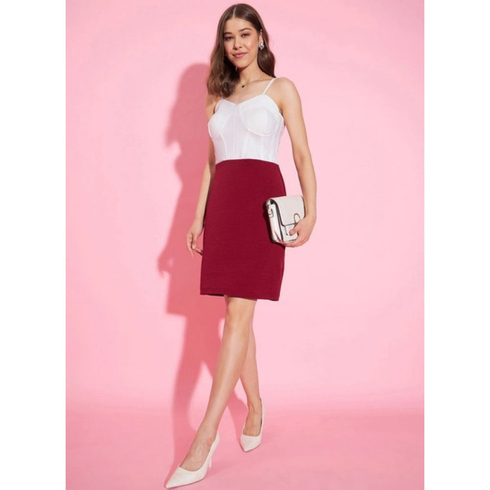 Women's Lycra Color Blocking Shoulder Straps Dress — White - Maroon