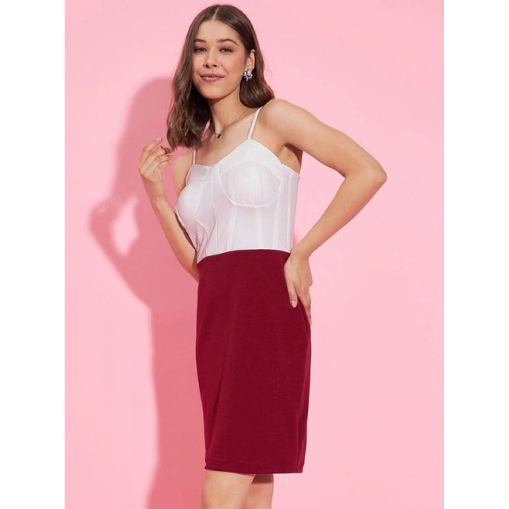 Women's Lycra Color Blocking Shoulder Straps Dress — White - Maroon