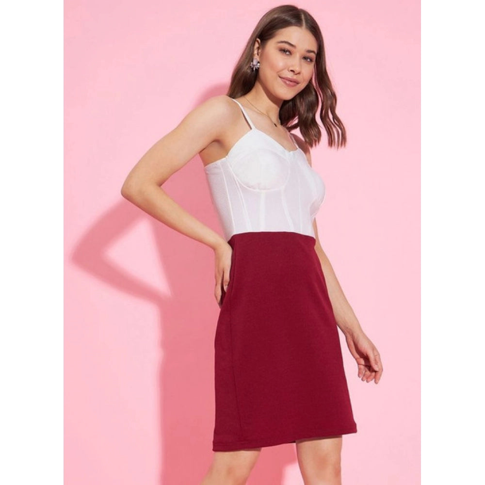 Women's Lycra Color Blocking Shoulder Straps Dress — White - Maroon