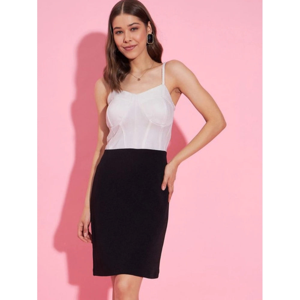 Women's Lycra Color Blocking Shoulder Straps Dress — White - Black