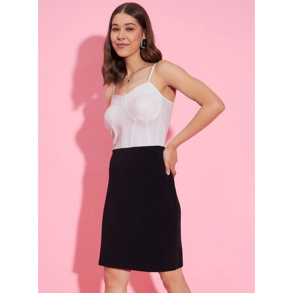 Women's Lycra Color Blocking Shoulder Straps Dress — White - Black
