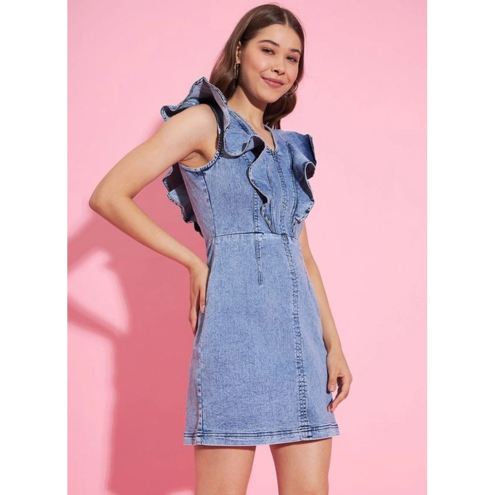 Women's Denim Solid Flutter Sleeve Dress — Blue