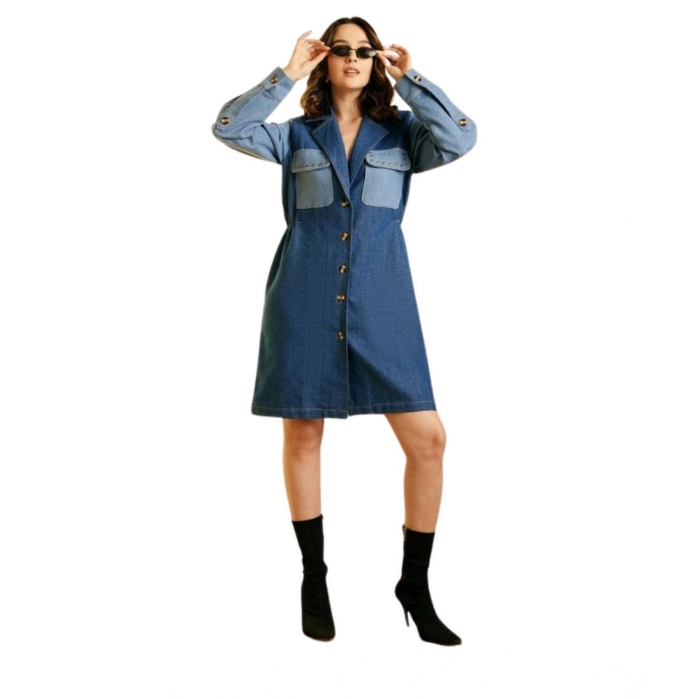 Women's Denim Color Blocking Roll Up Dress — Blue
