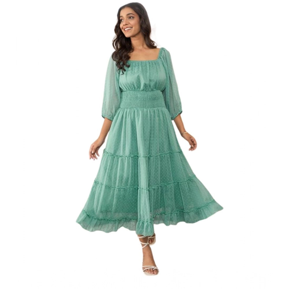 Women's Chiffon Solid Puff Sleeve Dress — Green