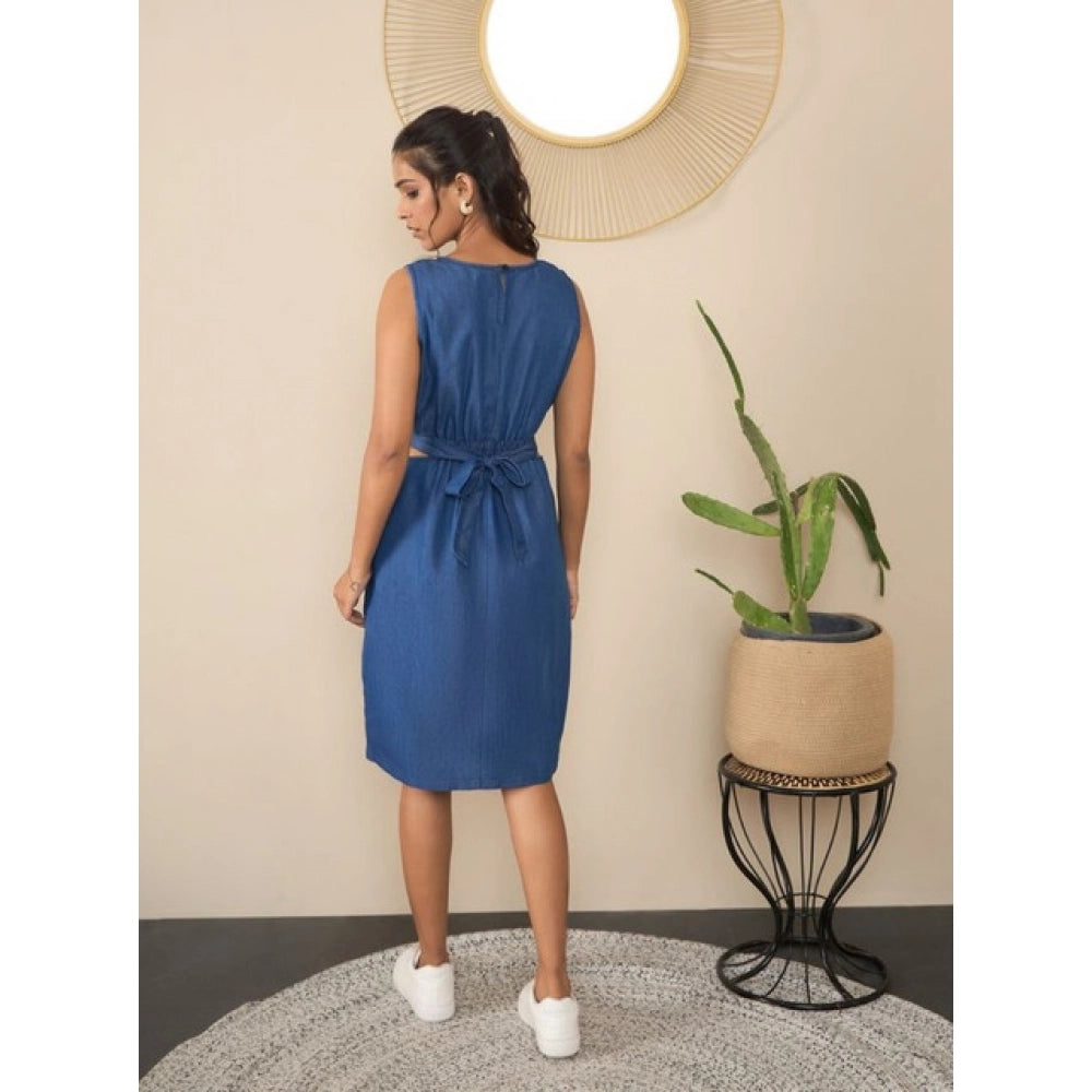 Women's Denim Solid Sleeveless Dress — Blue · 54_L