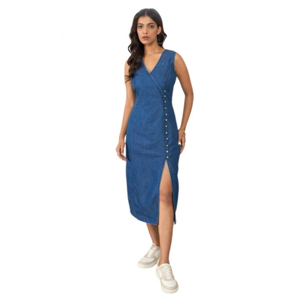 Women's Denim Solid Sleeveless Dress — Blue · 55_M