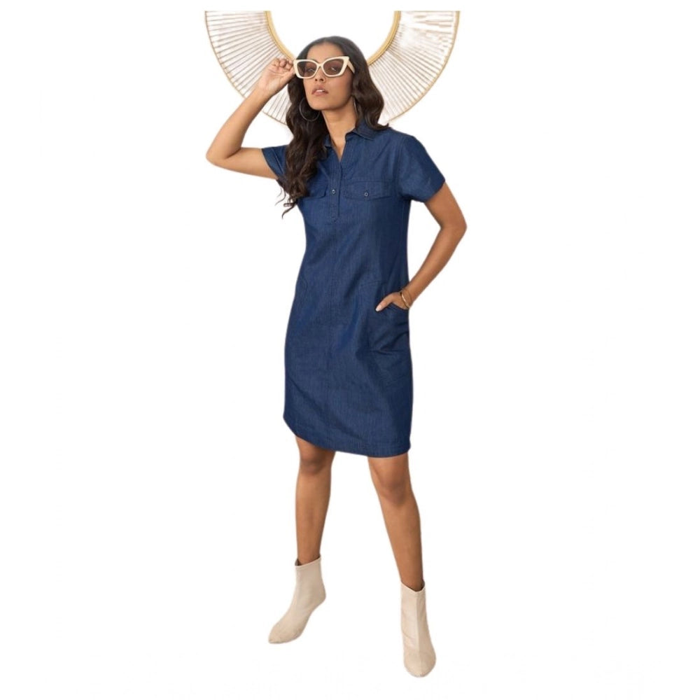 Women's Denim Solid Sleeveless Dress — Blue · 56_L