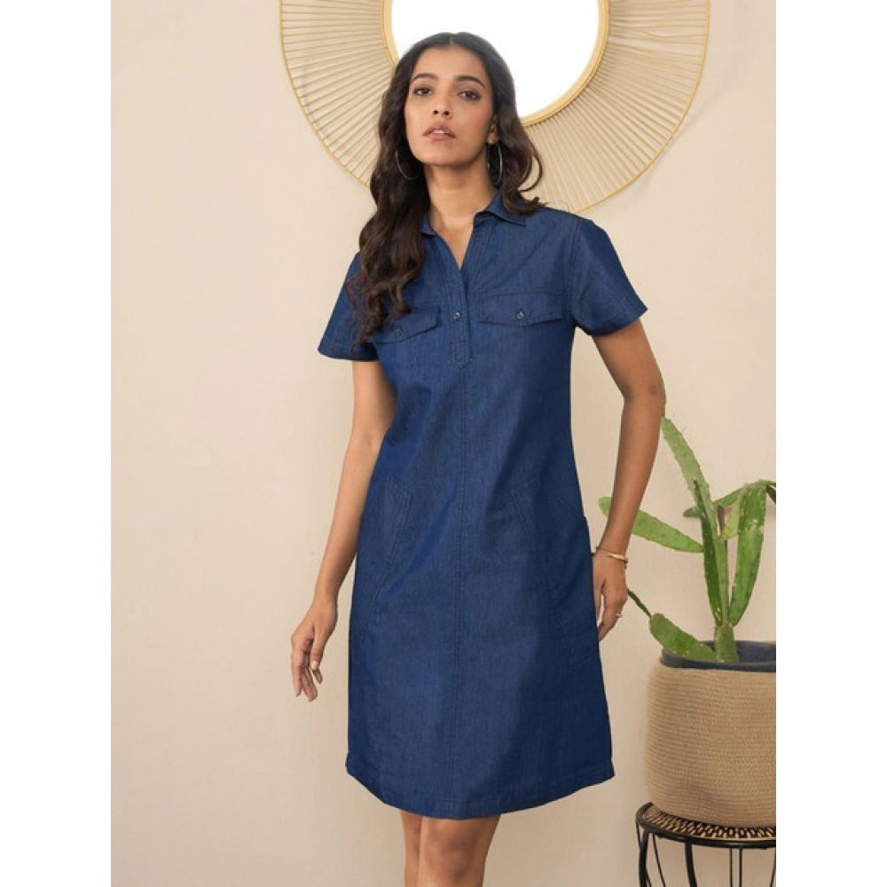 Women's Denim Solid Sleeveless Dress — Blue · 56_L